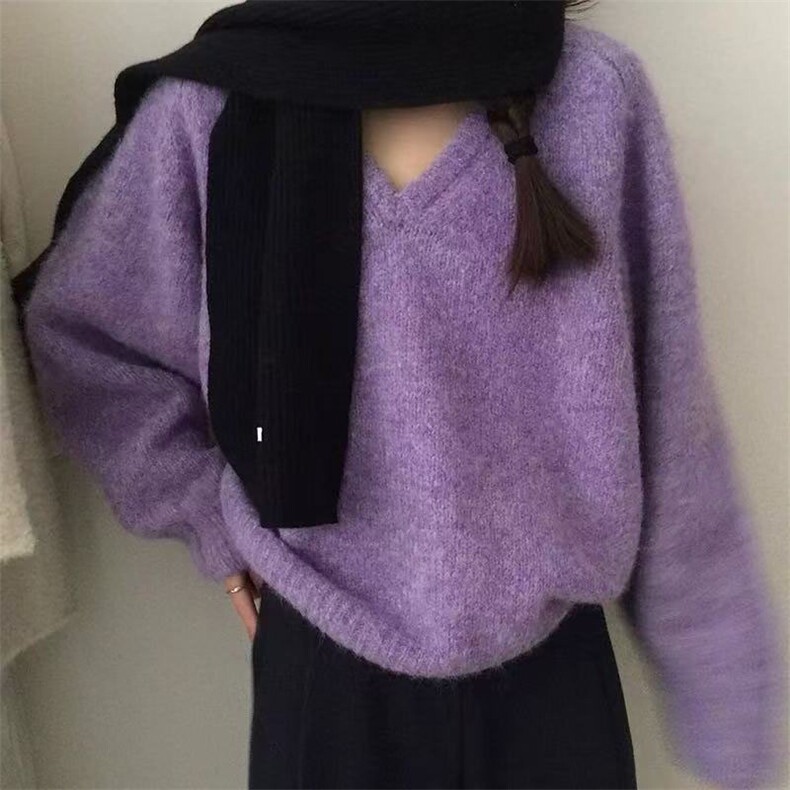 韩版基础百搭V领宽松显瘦毛衣女套头2025秋冬新款慵懒风针织上衣,针织衫/毛衣,萱芳婷羊绒