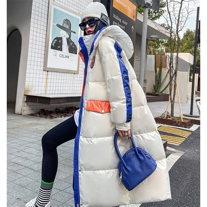 现货2022年冬款新款过膝撞色连帽韩版情侣同款休闲长款羽绒服,女装羽绒服,卡杰菲
