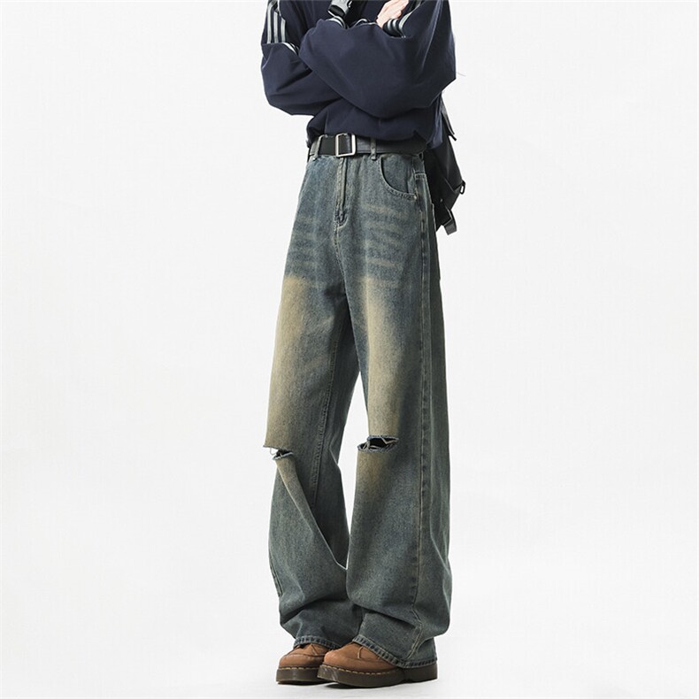 水洗复古怀旧破洞牛仔裤男款春秋季宽松垂感直筒裤子休闲微喇长裤，男装牛仔裤，电商C303