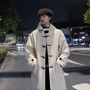 秋冬牛角扣连帽毛呢大衣男潮牌宽松风衣外套MN00706/P125加棉P135图片