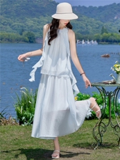 （新款现货）2026夏装时尚挂脖飘带领花上衣+半裙超仙套裙两件套，女装套装/套裙，印象茜