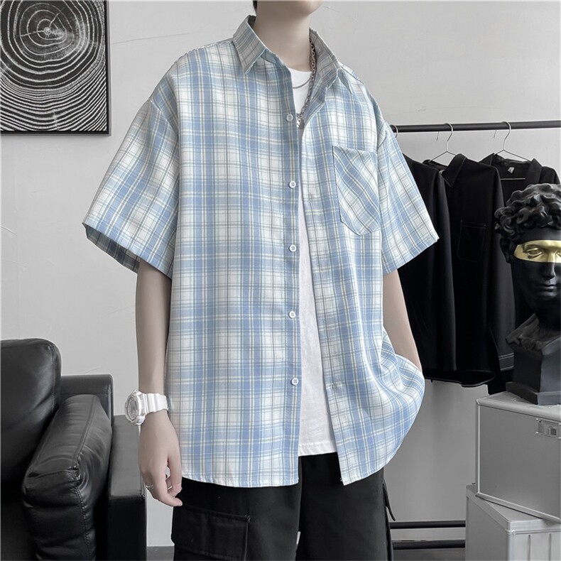 新款盐系格子衬衫男短袖潮ins痞日系衬衣夏季宽松半袖W801-P28,男装衬衫,星座512-2