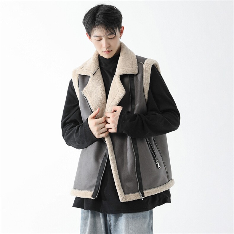 无影墙翻领坎肩皮衣马甲加绒加厚男女冬季宽松休闲外套D011-P88，男装皮衣，星座717