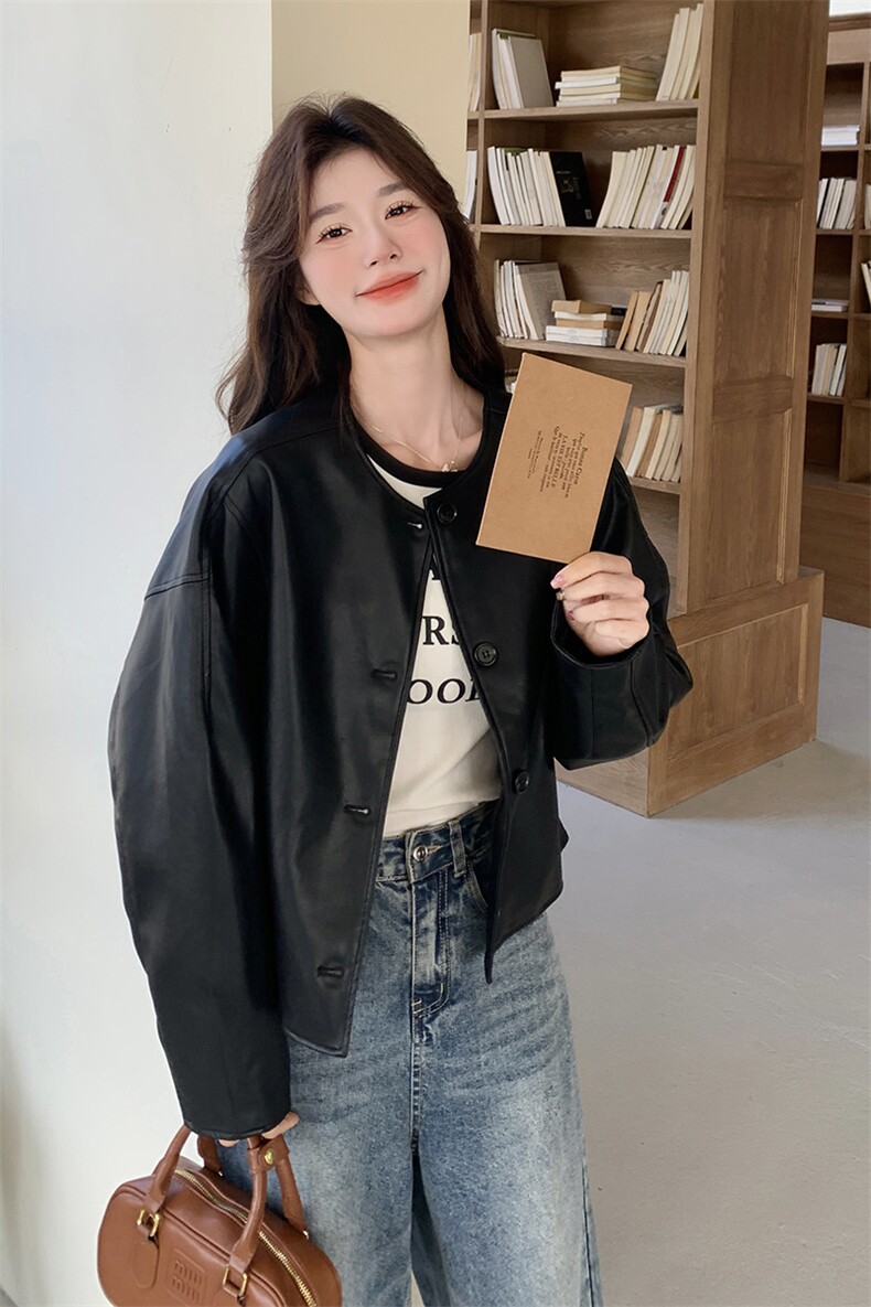设计感黑色显瘦pu皮衣外套女2025春秋季新款港风复古酷飒夹克上衣,女装皮衣,2C198