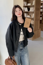 设计感黑色显瘦pu皮衣外套女2025春秋季新款港风复古酷飒夹克上衣，女装皮衣，2C198