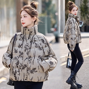 短款羽绒服女2025冬季新款小个子超好看新中式复古印花立领面包服图片