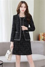 小香风毛呢套装春秋女气质优雅减龄修身显瘦洋气时尚两件套连衣裙，女装套装/套裙，香莘料