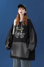 中性秋季潮流卡通印花宽松拼接撞色卫衣B152JRP65控88加绒P75，男装卫衣，A247A