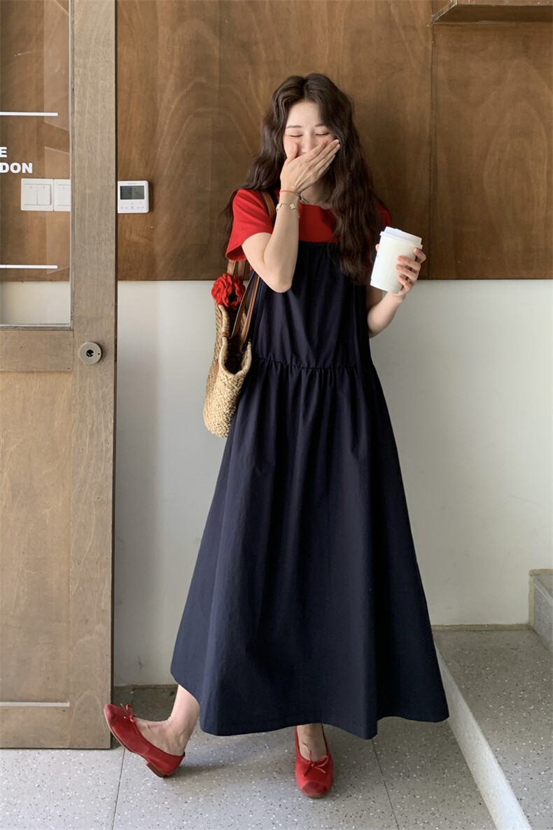 夏日韩系慵懒chic套装女2025新款小个子显瘦吊带裙内搭T恤两件套,女装套装/套裙,2C201