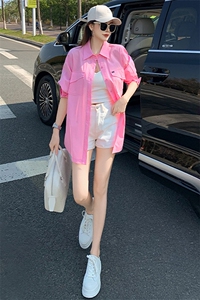 韩系潮流纯色长袖上衣女春季新款翻领单排扣休闲宽松减龄叠穿衬衣图片