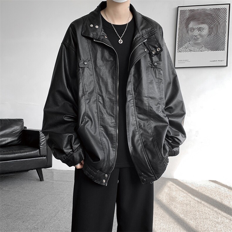 8XL-M日系立领PU皮衣外套男美式高街痞帅机车服夹克大码JK002P115,男装夹克,电商B312