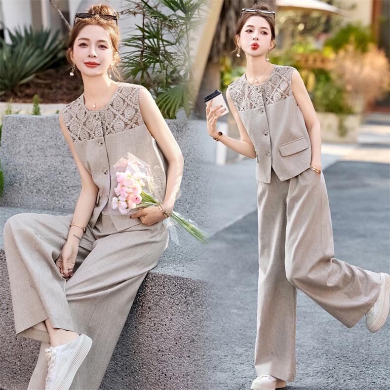 2026年新款镂空洋气蕾丝花拼接无袖三色显瘦气质时尚亚麻套装女，女装套装/套裙，美沁