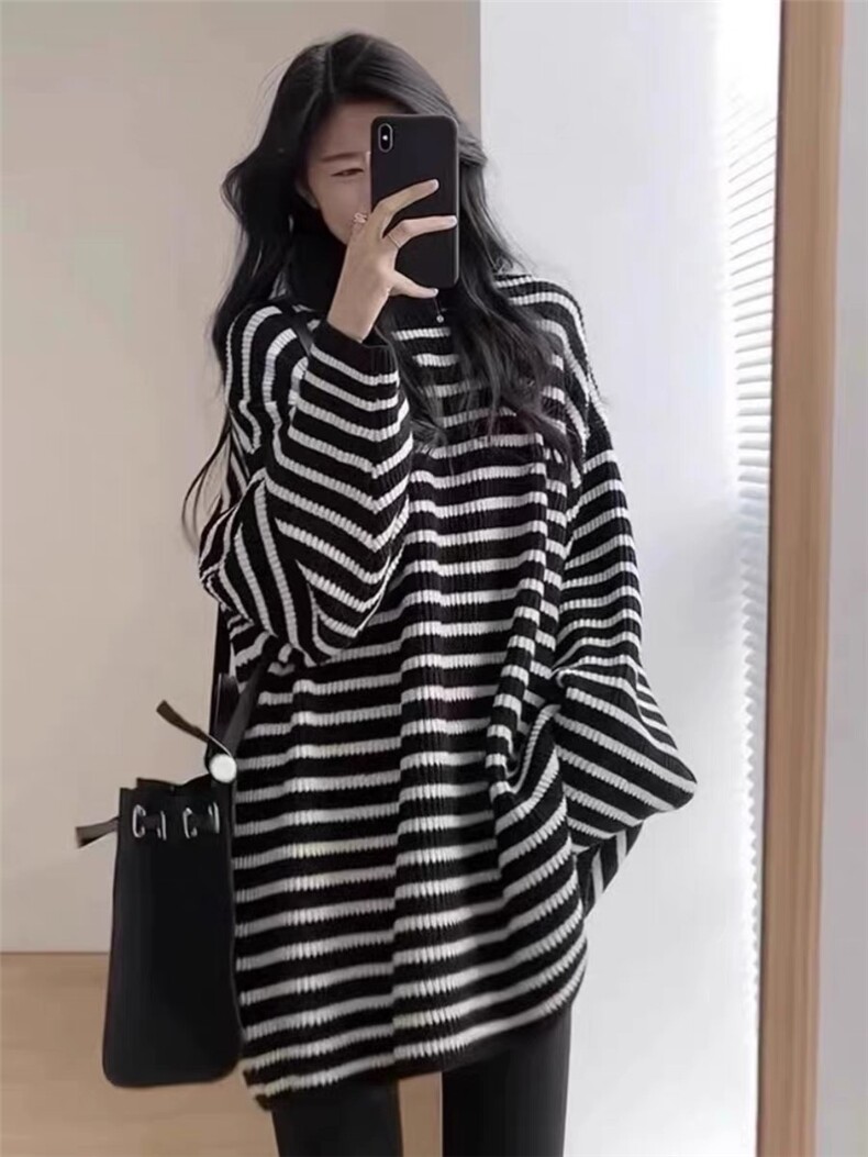 时尚百搭条纹宽松羊毛衫女秋冬季新款简约气质长袖针织毛衣外套,女装羊毛衫,思途羊绒