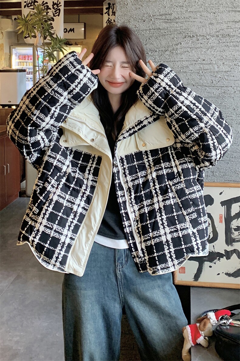 时尚黑白格子拼接连帽加厚短款羽绒服女2024冬新款学院风显瘦外套,女装羽绒服,橙子家