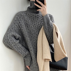 2025年秋季时尚百搭通勤简约休闲长款麻花高领加厚，女装羊毛衫，北娇羊绒