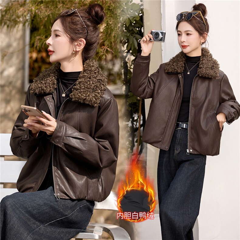 梦依缘2025年冬时尚精品皮质羽绒服,女装羽绒服,梦依缘