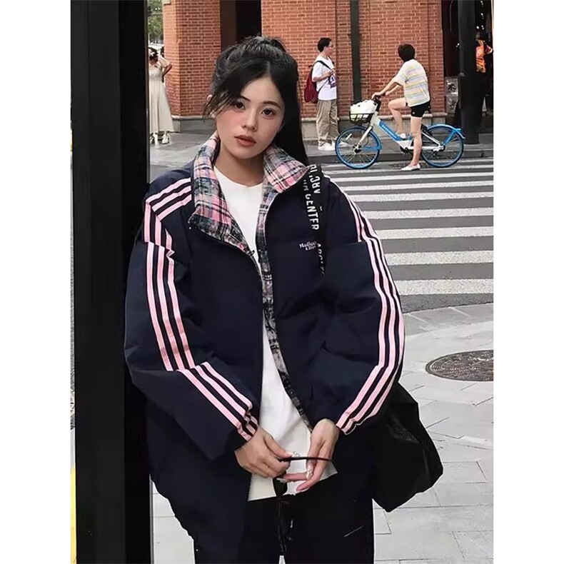 9901-P70美式短款撞色格子棉服男款冬季三条杠立领外套加厚,男装棉衣,电商B323A