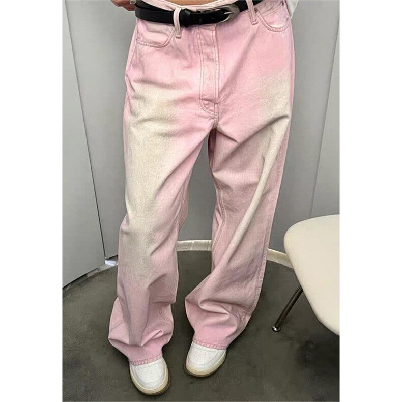 粉色水洗做旧做脏男女同款阔腿裤粉色牛仔长裤 KNZ16图片