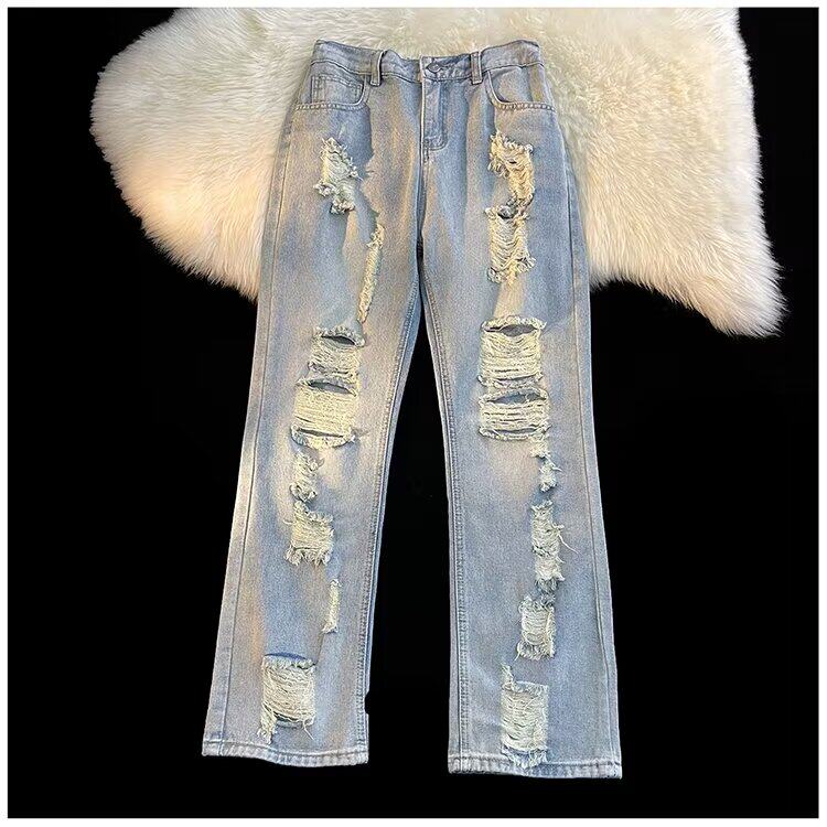 破洞牛仔裤男秋季新款宽松直筒阔腿裤美式高街潮牌百搭松紧腰裤子，男装牛仔裤，星座1013