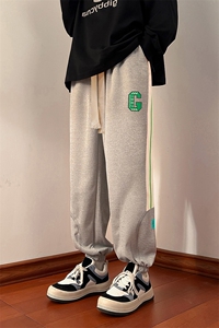 703-K879-P55加绒P65 新款男绣花棉质束脚卫裤 织带拼接图片