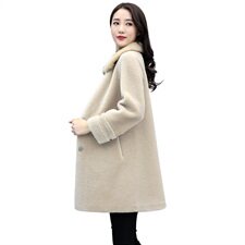 颗粒绒水貂毛领100%羊毛中长款直筒简约时尚皮毛一体外套，女装毛呢外套，媚琳依坊