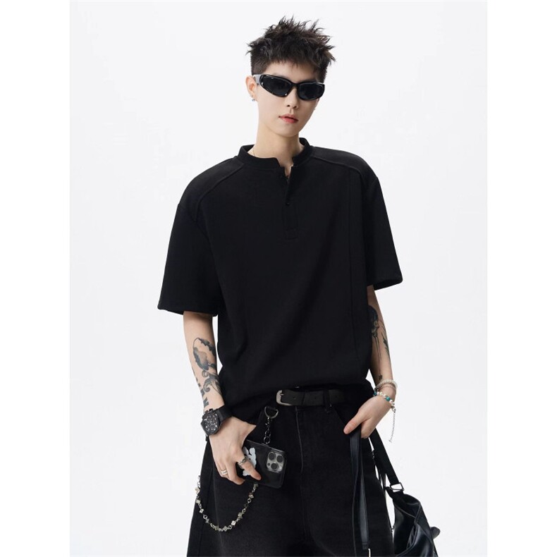 网图-高街痞帅夏季POLO衫正肩拼接男装短袖T恤大码上衣S430-特28，男装T恤，电商A233-1