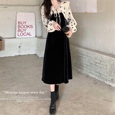 爆版娃娃领碎花拼接假两件长裙胖妹妹秋冬丝绒长袖打底减龄连衣裙，女装连衣裙，潮品会