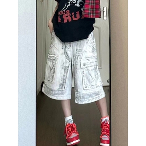 街头白色做旧工装水洗牛仔短裤男女夏款小众多口袋宽松直筒七分裤图片
