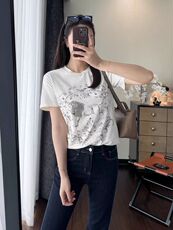 2025新款春夏季烫钻动物印花短袖显瘦正肩t恤，女装T恤，湘姗