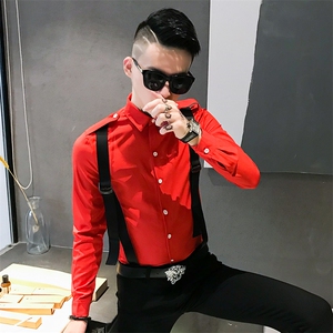 312A-742-P55新款修身长袖衬衫男韩版背带拼接社会人衬衣-首3图片