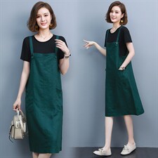 2021夏季新款简约时尚气质休闲舒适中长款可调节背带裙两件套，女装连衣裙，雪樱依海