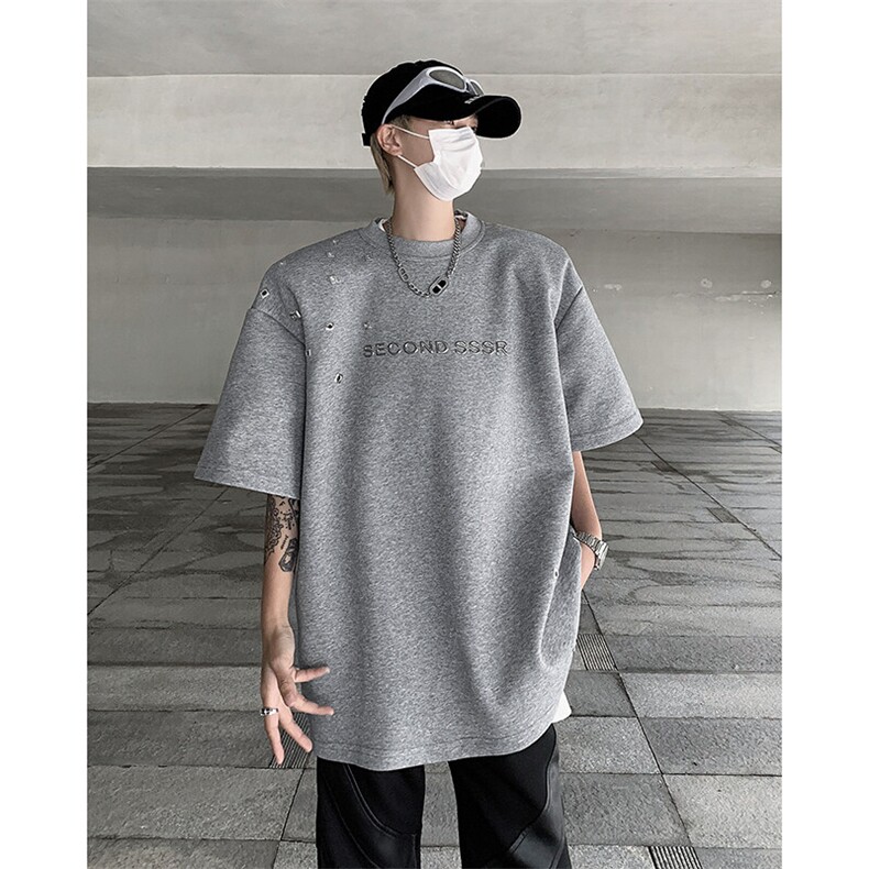 现货！高品质25夏季铆钉设计感字母印花垫肩打底T恤DX99-P78,男装T恤,电商B288