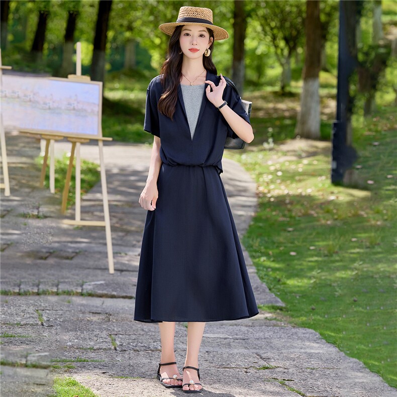 2026年夏季亚麻假两件套拼接短袖显瘦半身裙两件套,女装套装/套裙,简韵佳