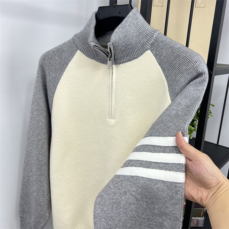 网图76303-P70加厚毛衣男半拉链加厚宽松针织打底衫男拼接撞色,男装针织衫/毛衣,电商D310B