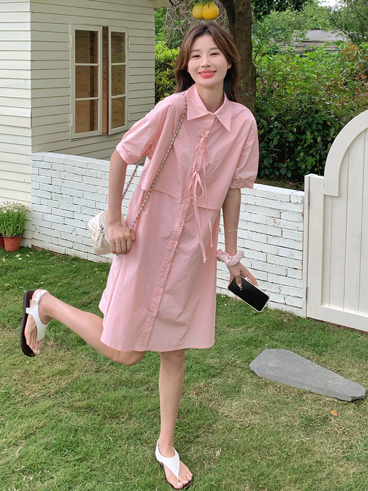 法式俏皮减龄假两件连衣裙女2025夏季新款韩版收腰显瘦衬衫短裙子,女装连衣裙,浙宝192（原082）