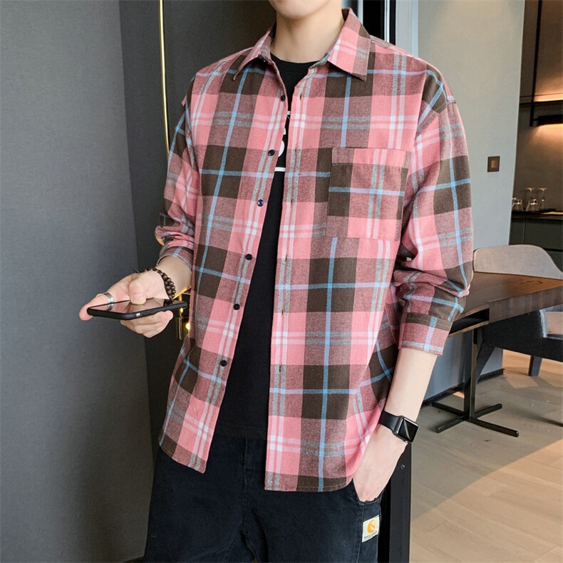 2021春秋季男士格子衬衫长袖休闲潮流衬衣外套DF10T,男装衬衫,电商A102
