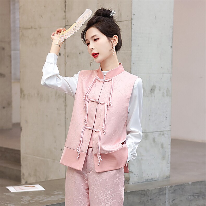 现货春夏时髦新中式香风盘扣系带提花刺绣休闲百搭时尚马甲，女装马甲，美静678