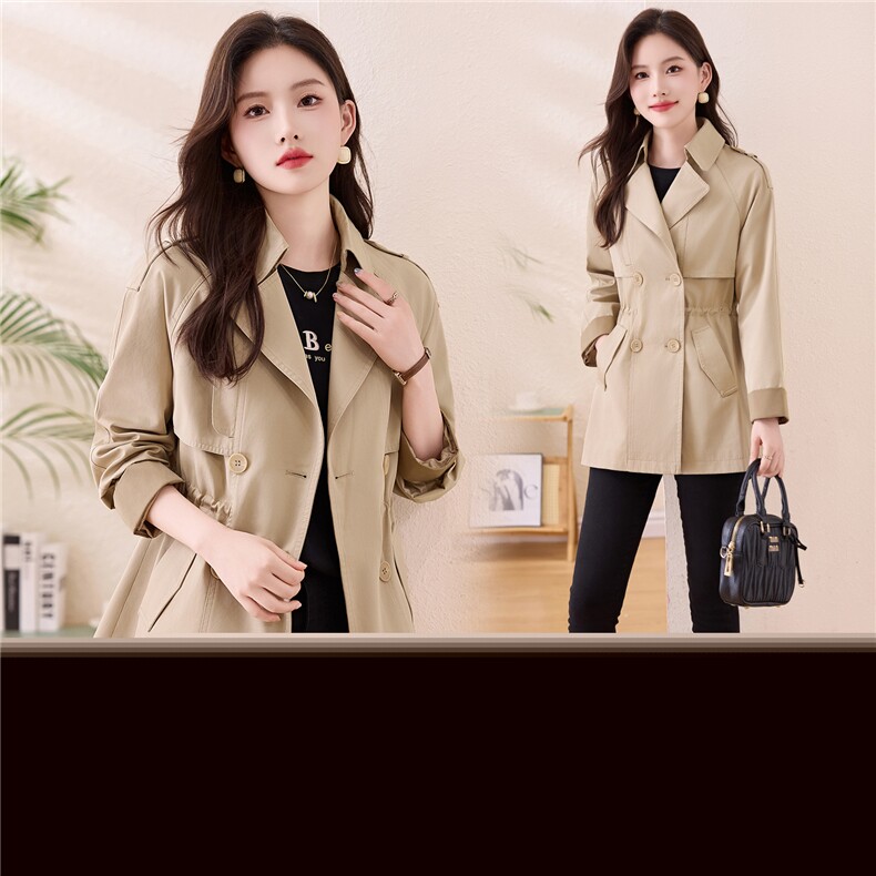 现货大码简约收腰纯色双排扣女式中长款春秋外套休闲减龄气质风衣，女装大码女装，木橙西子