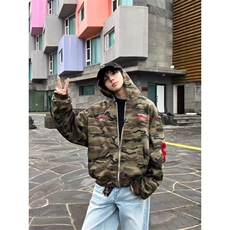 美式复古迷彩开衫连帽卫衣外套男女加绒潮牌刺绣百搭宽松休闲帽衫，女装短外套，星座516A