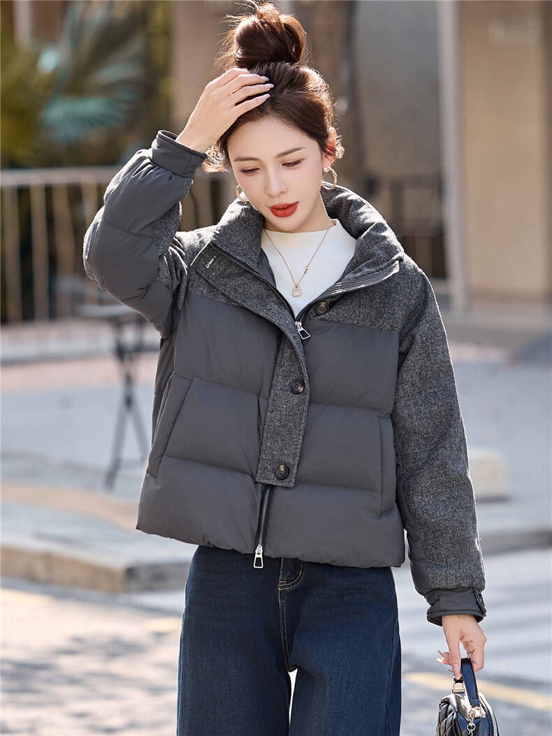 冬装时尚新款毛呢拼接90白鸭绒短款加厚羽绒服外套,女装羽绒服,姿衣坊