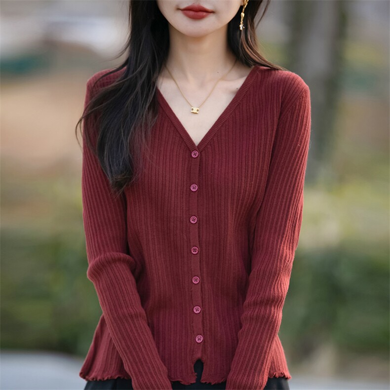 春秋精纺羊毛开衫女V领坑条木耳边针织长袖毛衣宽松休闲外套上衣,针织衫/毛衣,佳绒包芯纱店