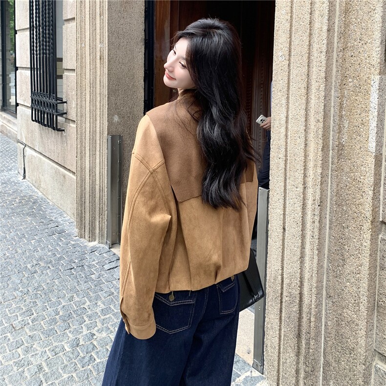 【含披肩】休闲港风短外套女春秋韩系夹克2025新款麂皮绒上衣,女装短外套,维壹