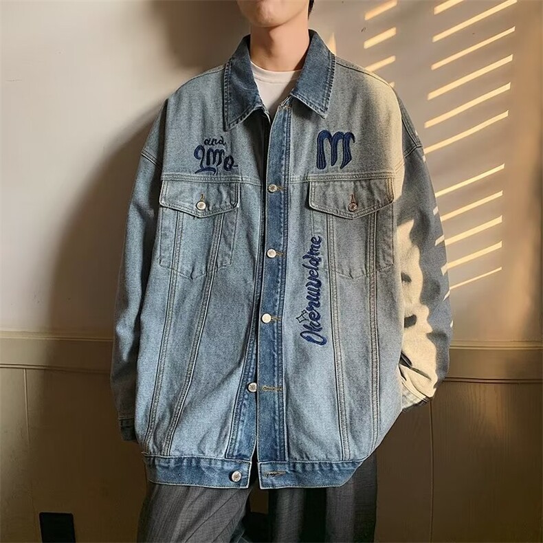 美式男高级感春秋季欧美复古潮牛仔夹克外套刺绣水洗拼接W2223,男装夹克,星座1116A-1（原606A）