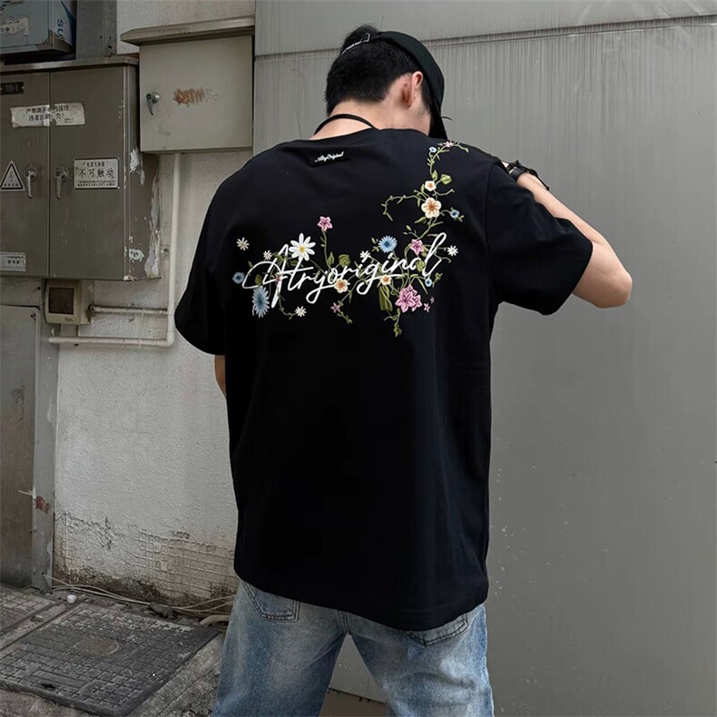 万针全刺绣工艺抖音得物高品质260克重磅纯棉双纱美式高街短袖T恤,男装T恤,电商A486-1