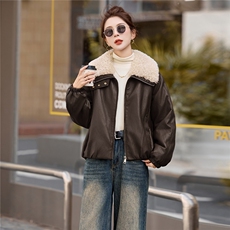 大翻领加丝绵皮衣短外套女2025秋冬新款保暖时尚酷飒机车PU皮夹，女装皮衣，美拉德工厂直营店