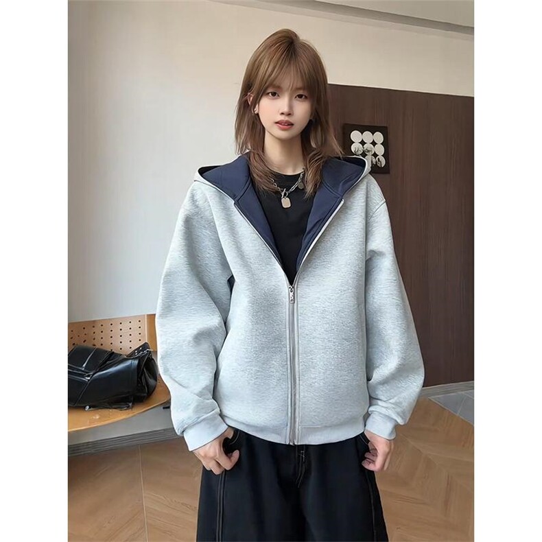 抖音得物高品质二开26春装美式重磅宽松结构双面连帽卫衣外套W68,女装短外套,电商A486