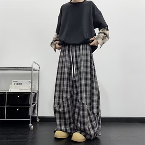 复古慵懒风双腰头拼接格子裤男女美式爵士舞宽松阔腿裤hiphop长裤图片