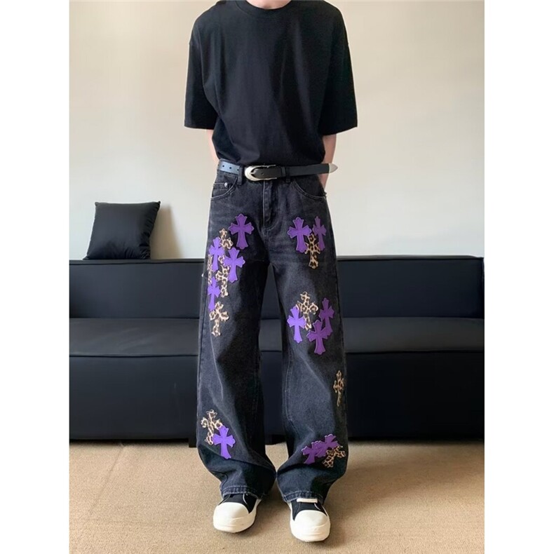 春夏十字架撞色拼皮牛仔裤男女高腰显瘦美式复古高级感直筒休闲裤图片