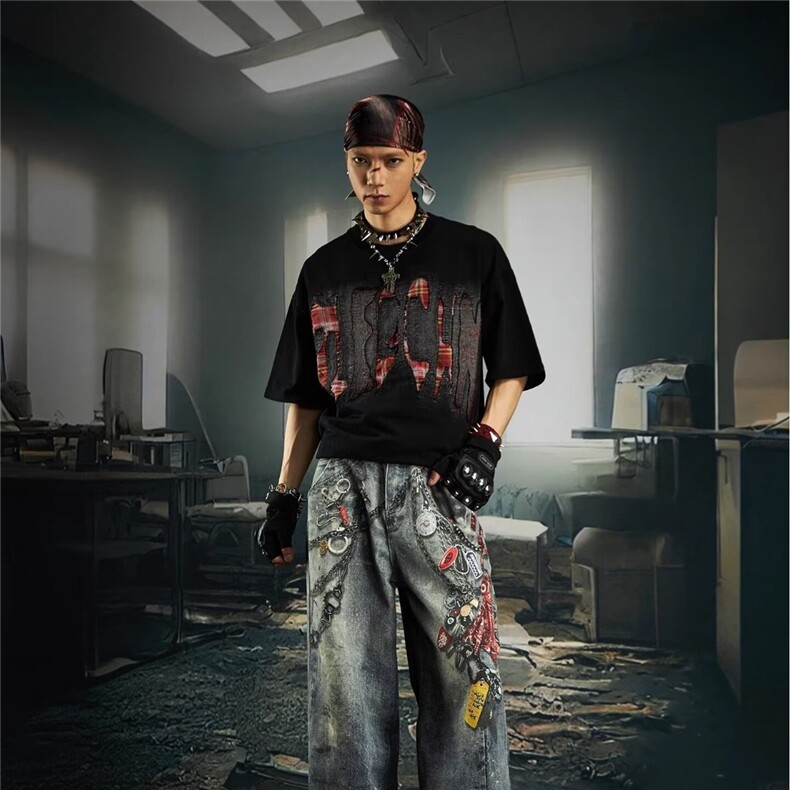 小众设计感贴布拼接短袖T恤夏季美式高街原创潮牌痞帅半袖体恤,男装T恤,星座506A
