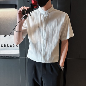 夏季男士七分袖条纹衬衫立领男休闲修身休闲衬衣A236-C663-P55图片